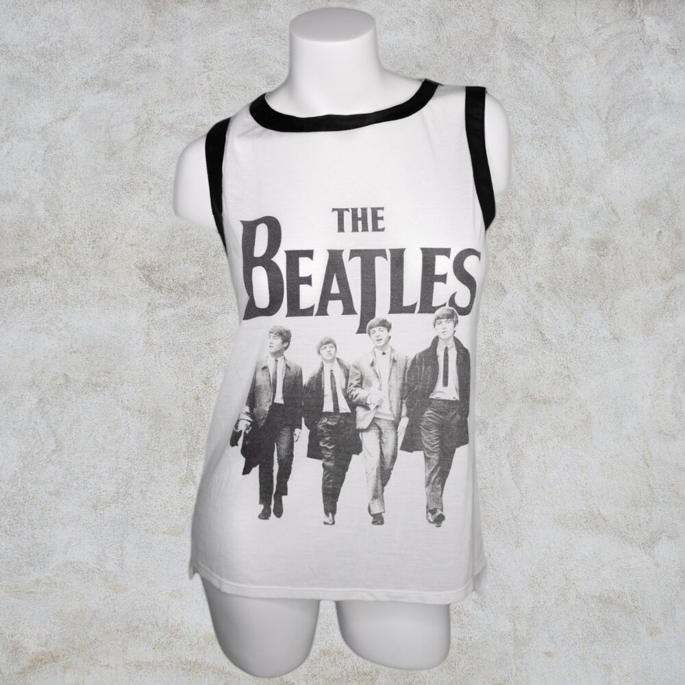 The Beatles Black and White Custom Tank Top with Soft Faux Leather Trim